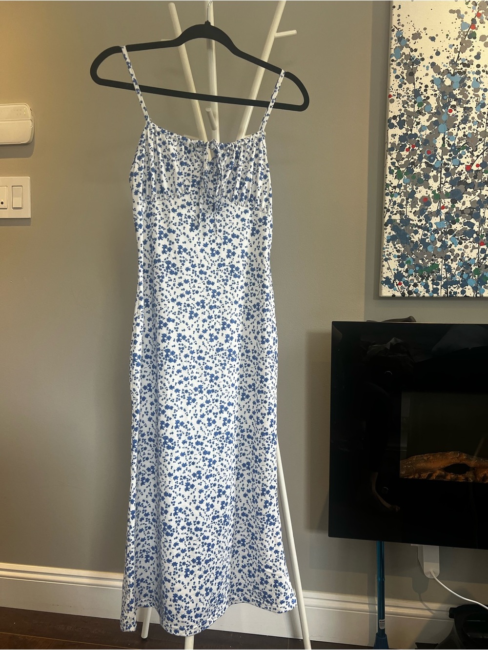 Blue Floral Spaghetti-Strap Midi Dress